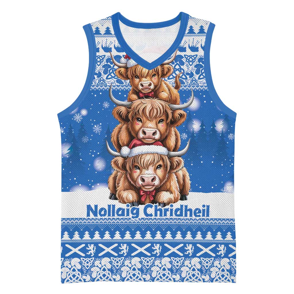 Scotland Highland Cow Christmas Basketball Jersey Nollaig Chridheil Blue Winter - Wonder Print Shop