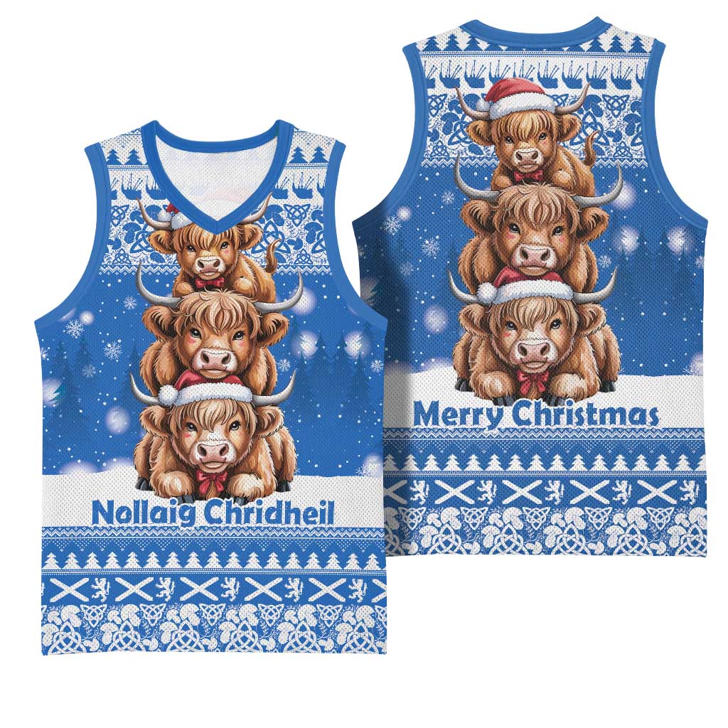 Scotland Highland Cow Christmas Basketball Jersey Nollaig Chridheil Blue Winter - Wonder Print Shop