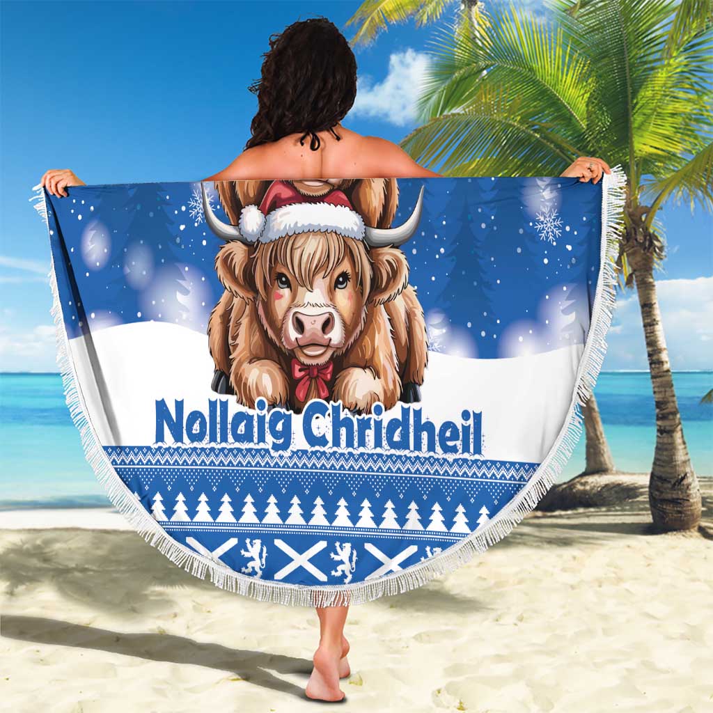 Scotland Highland Cow Christmas Beach Blanket Nollaig Chridheil Blue Winter - Wonder Print Shop