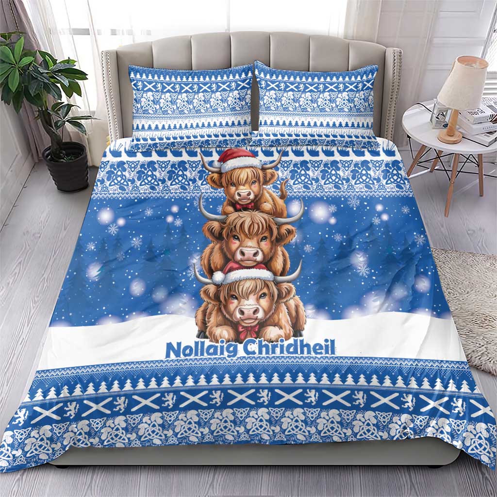 Scotland Highland Cow Christmas Bedding Set Nollaig Chridheil Blue Winter - Wonder Print Shop