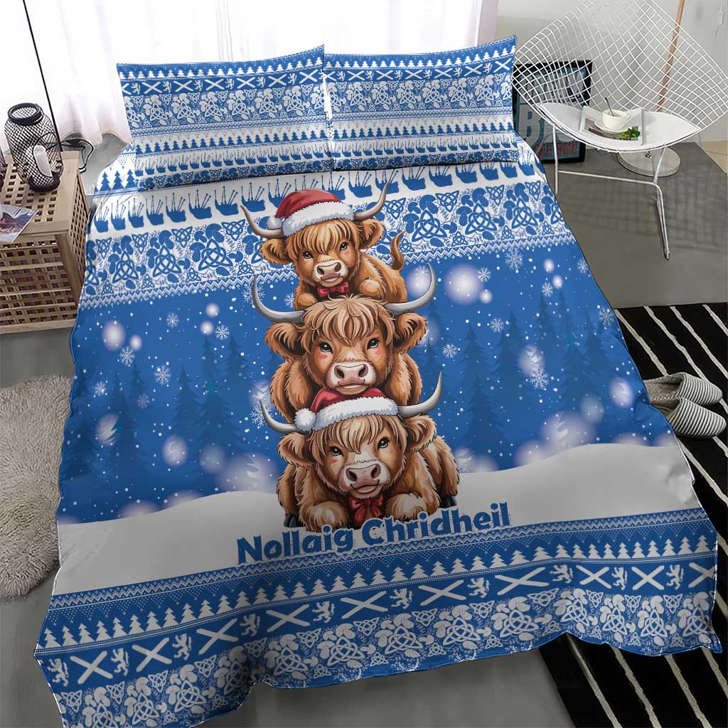 Scotland Highland Cow Christmas Bedding Set Nollaig Chridheil Blue Winter - Wonder Print Shop