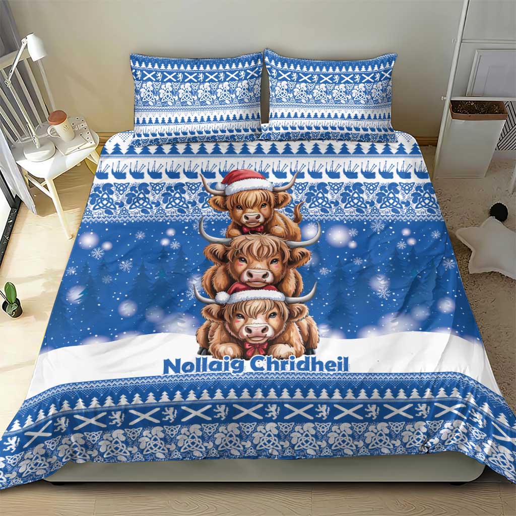 Scotland Highland Cow Christmas Bedding Set Nollaig Chridheil Blue Winter - Wonder Print Shop