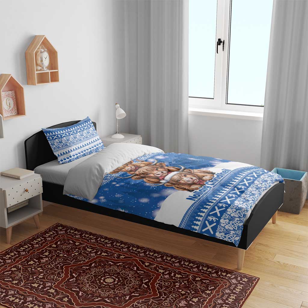 Scotland Highland Cow Christmas Bedding Set Nollaig Chridheil Blue Winter - Wonder Print Shop