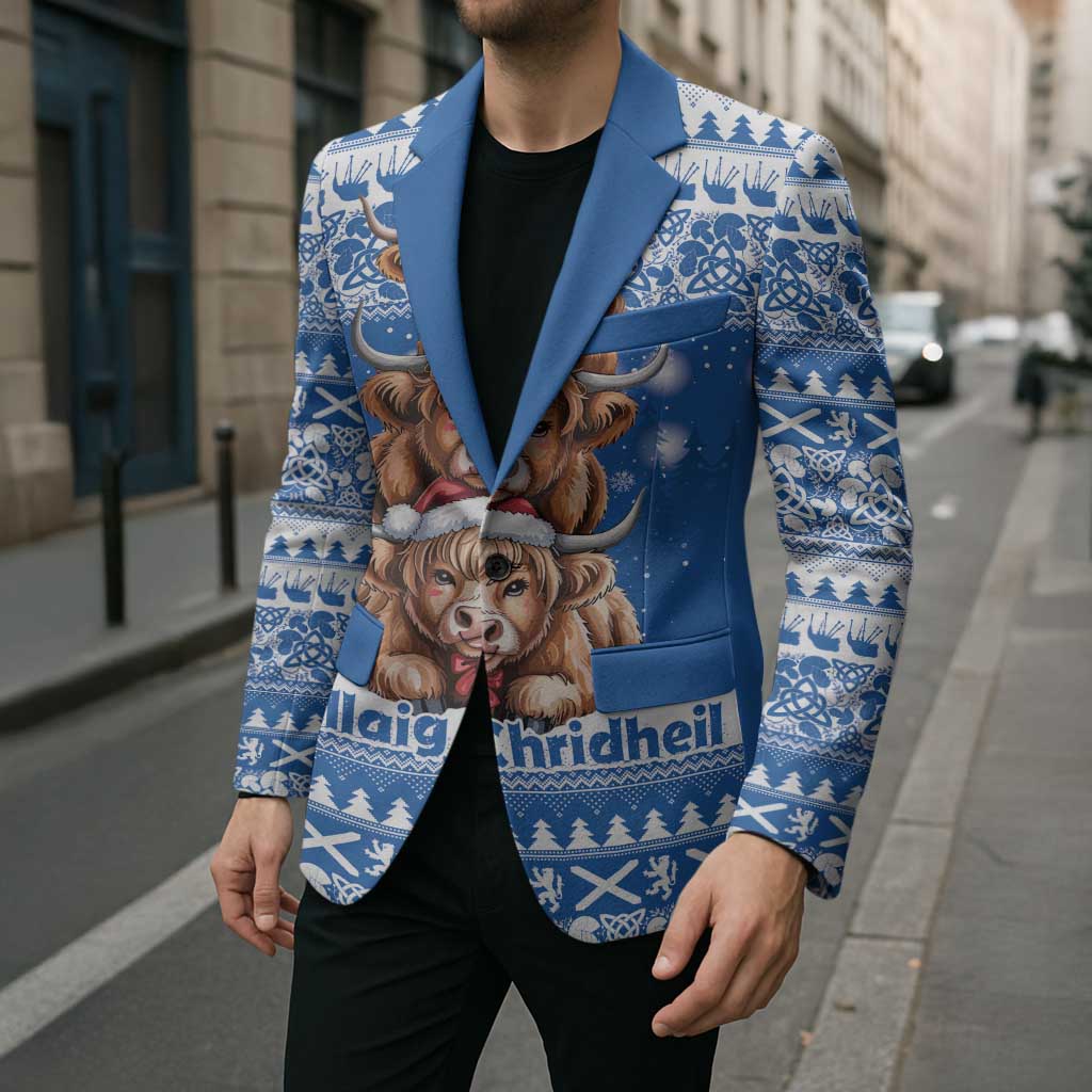 Scotland Highland Cow Christmas Blazer Nollaig Chridheil Blue Winter - Wonder Print Shop