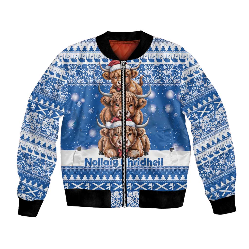Scotland Highland Cow Christmas Bomber Jacket Nollaig Chridheil Blue Winter - Wonder Print Shop