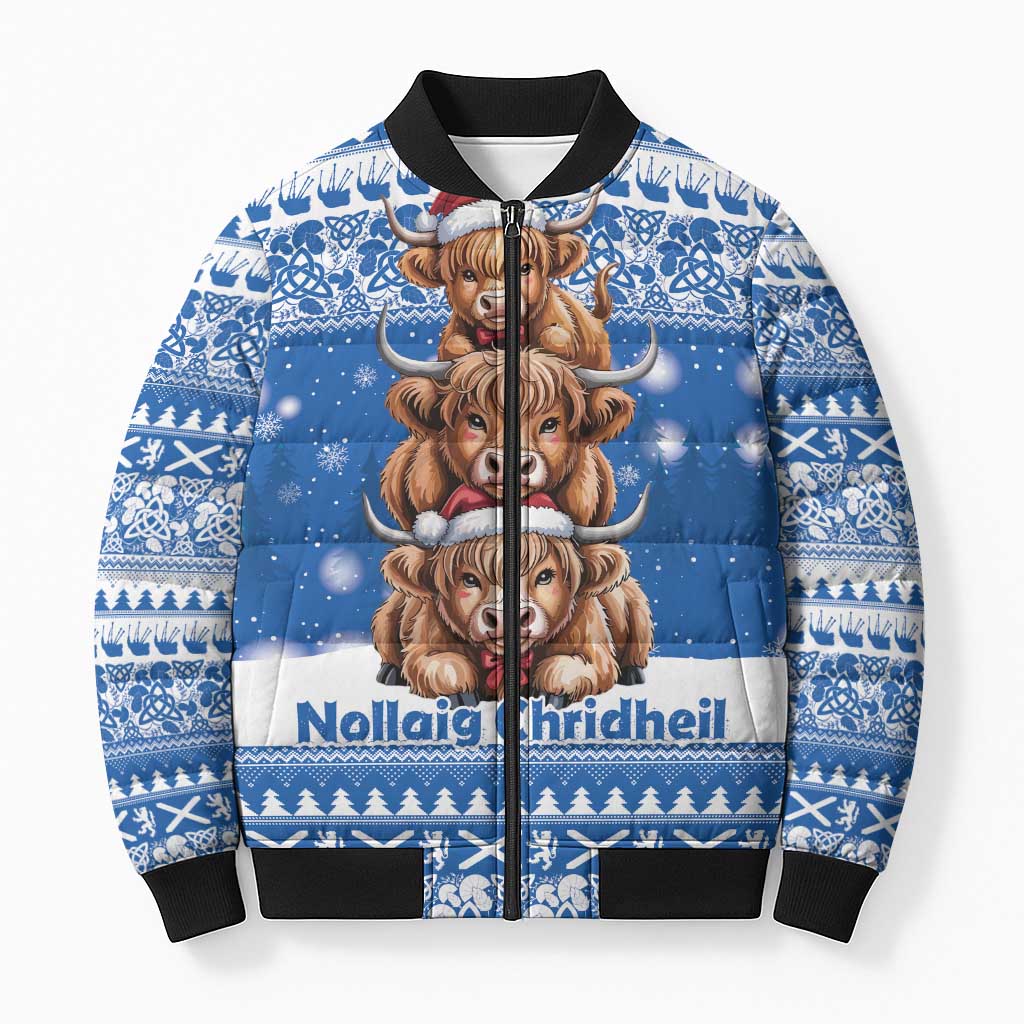 Scotland Highland Cow Christmas Bomber Puffer Jacket Nollaig Chridheil Blue Winter - Wonder Print Shop