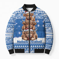 Scotland Highland Cow Christmas Bomber Puffer Jacket Nollaig Chridheil Blue Winter - Wonder Print Shop