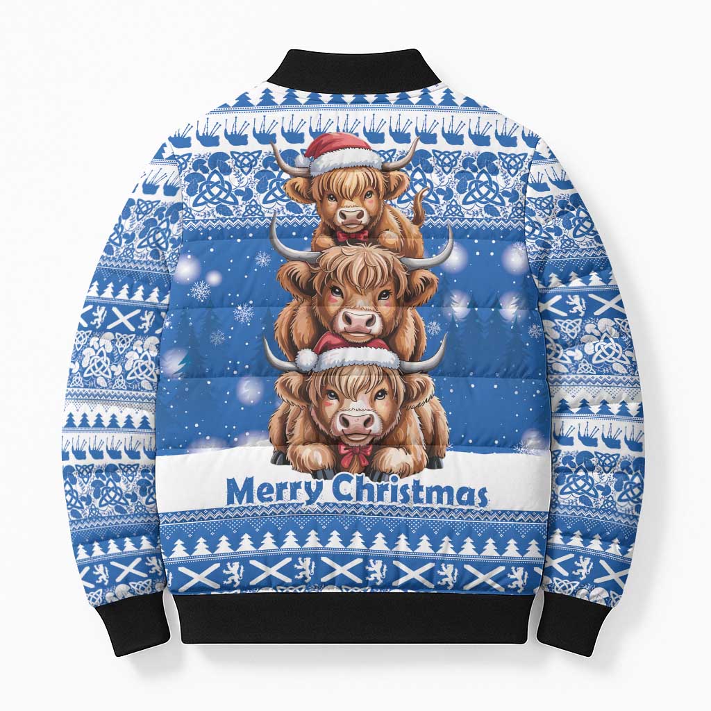 Scotland Highland Cow Christmas Bomber Puffer Jacket Nollaig Chridheil Blue Winter - Wonder Print Shop
