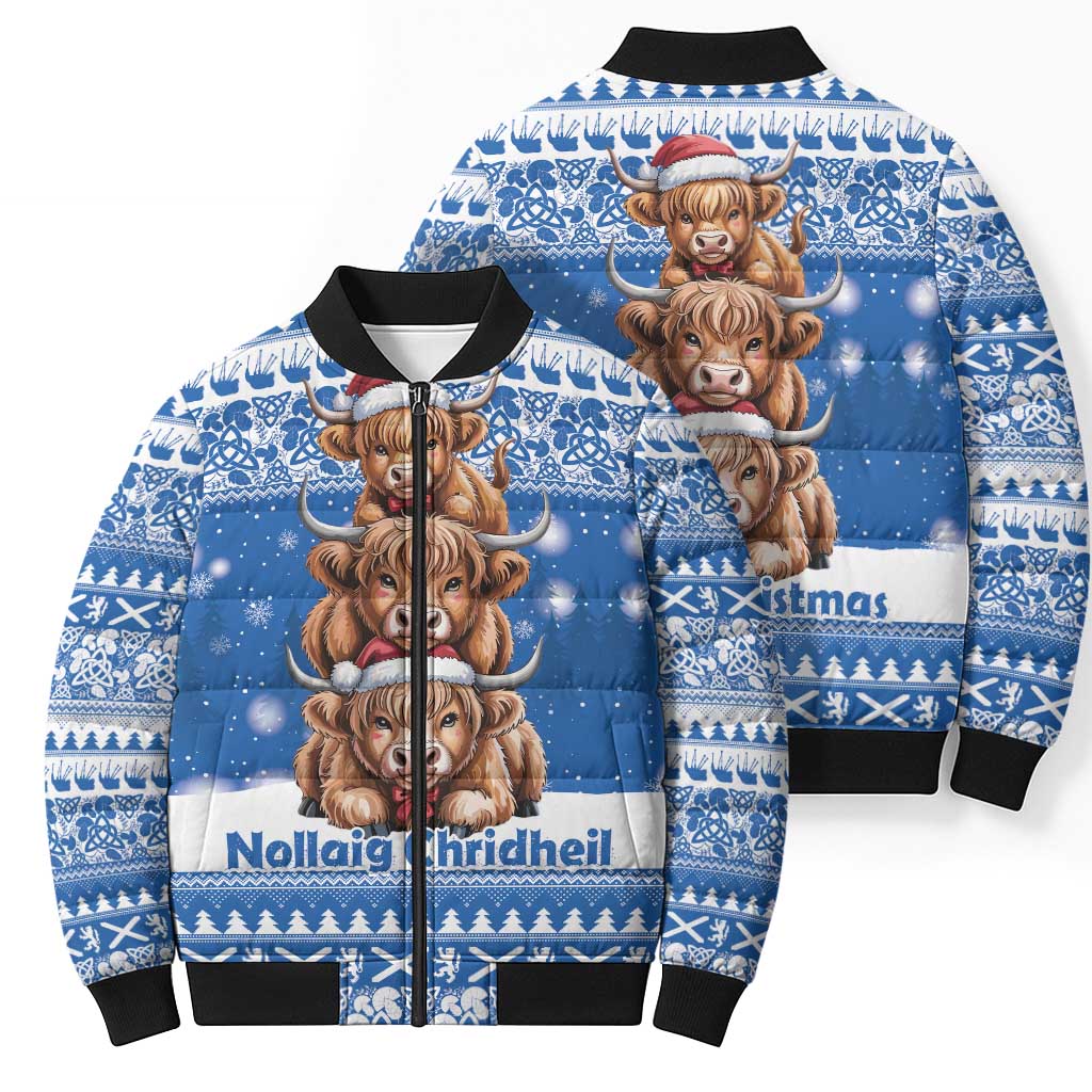 Scotland Highland Cow Christmas Bomber Puffer Jacket Nollaig Chridheil Blue Winter - Wonder Print Shop