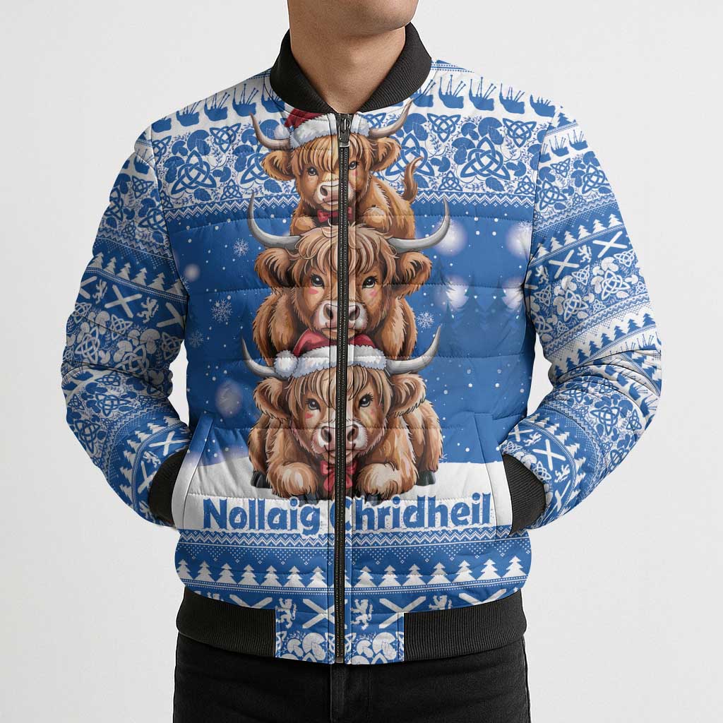 Scotland Highland Cow Christmas Bomber Puffer Jacket Nollaig Chridheil Blue Winter - Wonder Print Shop