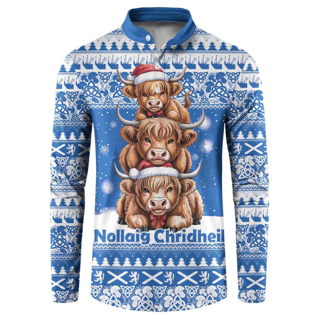 Scotland Highland Cow Christmas Button Sweatshirt Nollaig Chridheil Blue Winter - Wonder Print Shop