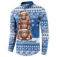 Scotland Highland Cow Christmas Button Sweatshirt Nollaig Chridheil Blue Winter - Wonder Print Shop
