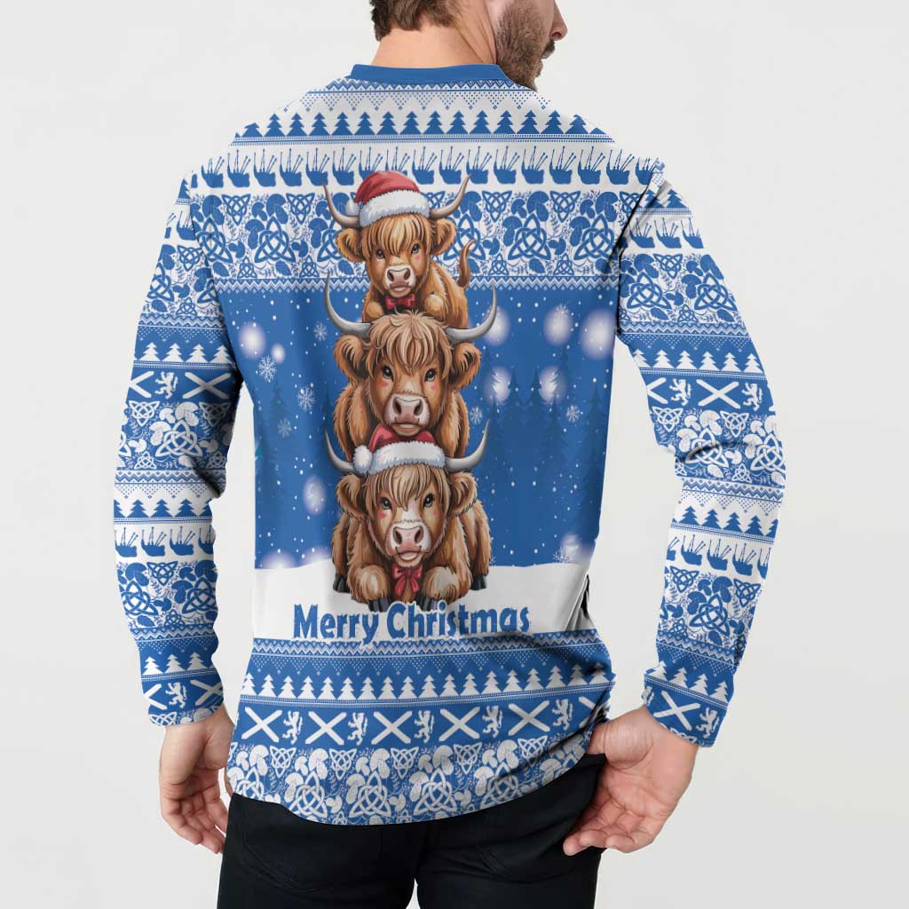 Scotland Highland Cow Christmas Button Sweatshirt Nollaig Chridheil Blue Winter - Wonder Print Shop