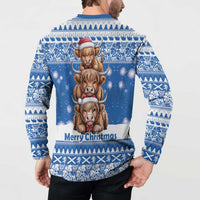 Scotland Highland Cow Christmas Button Sweatshirt Nollaig Chridheil Blue Winter - Wonder Print Shop
