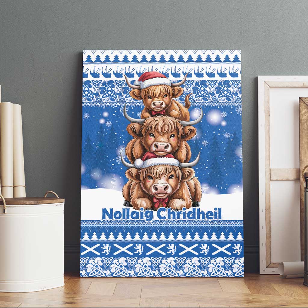 Scotland Highland Cow Christmas Canvas Wall Art Nollaig Chridheil Blue Winter - Wonder Print Shop