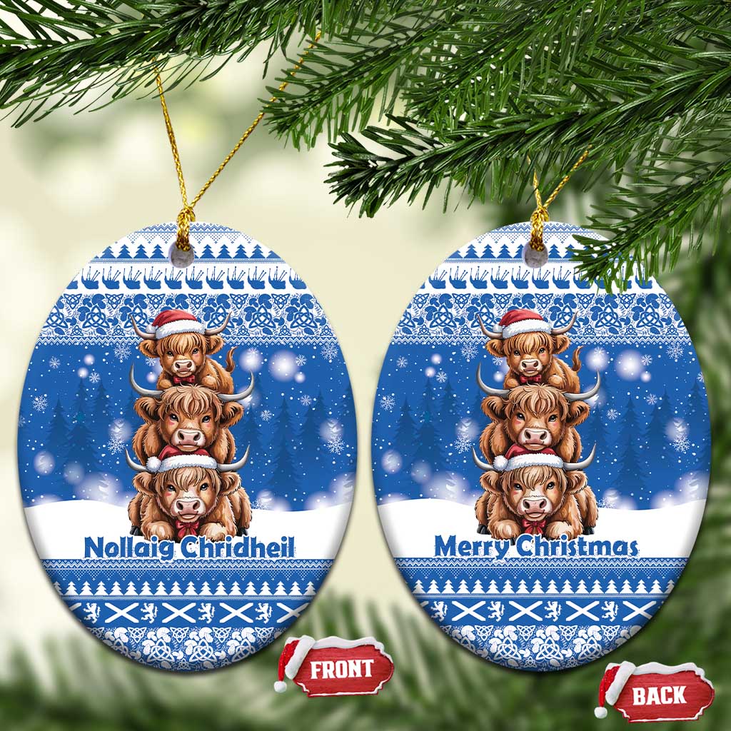 Scotland Highland Cow Christmas Ceramic Ornament Nollaig Chridheil Blue Winter - Wonder Print Shop
