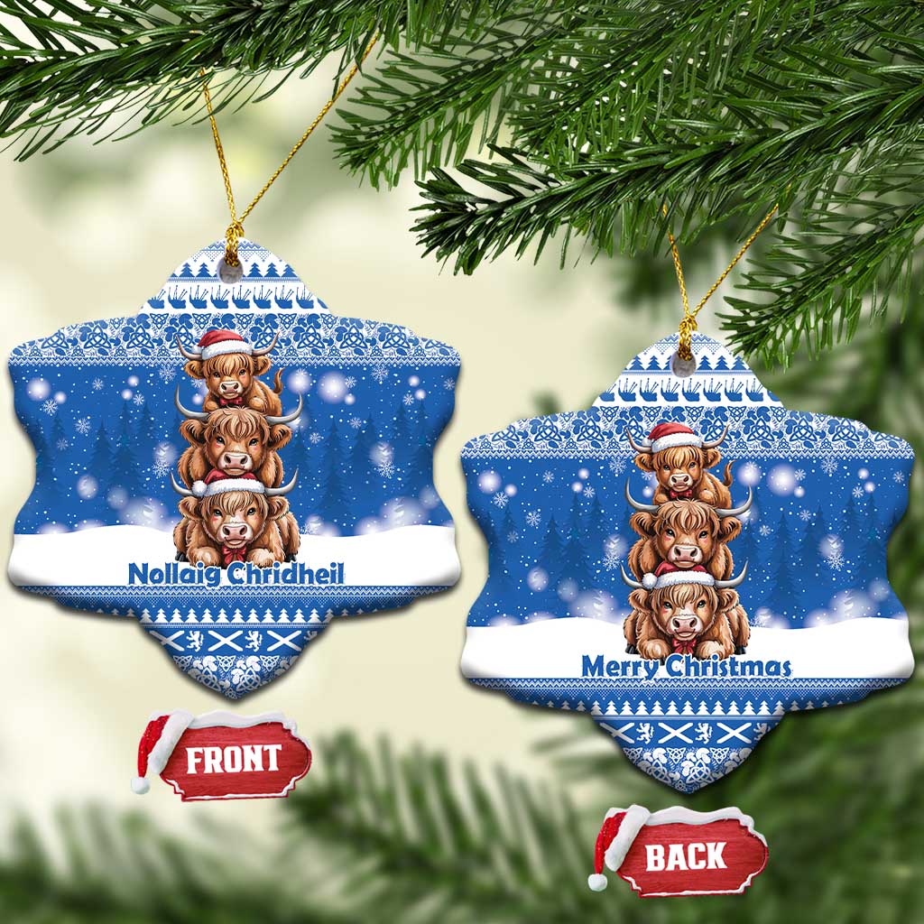 Scotland Highland Cow Christmas Ceramic Ornament Nollaig Chridheil Blue Winter - Wonder Print Shop