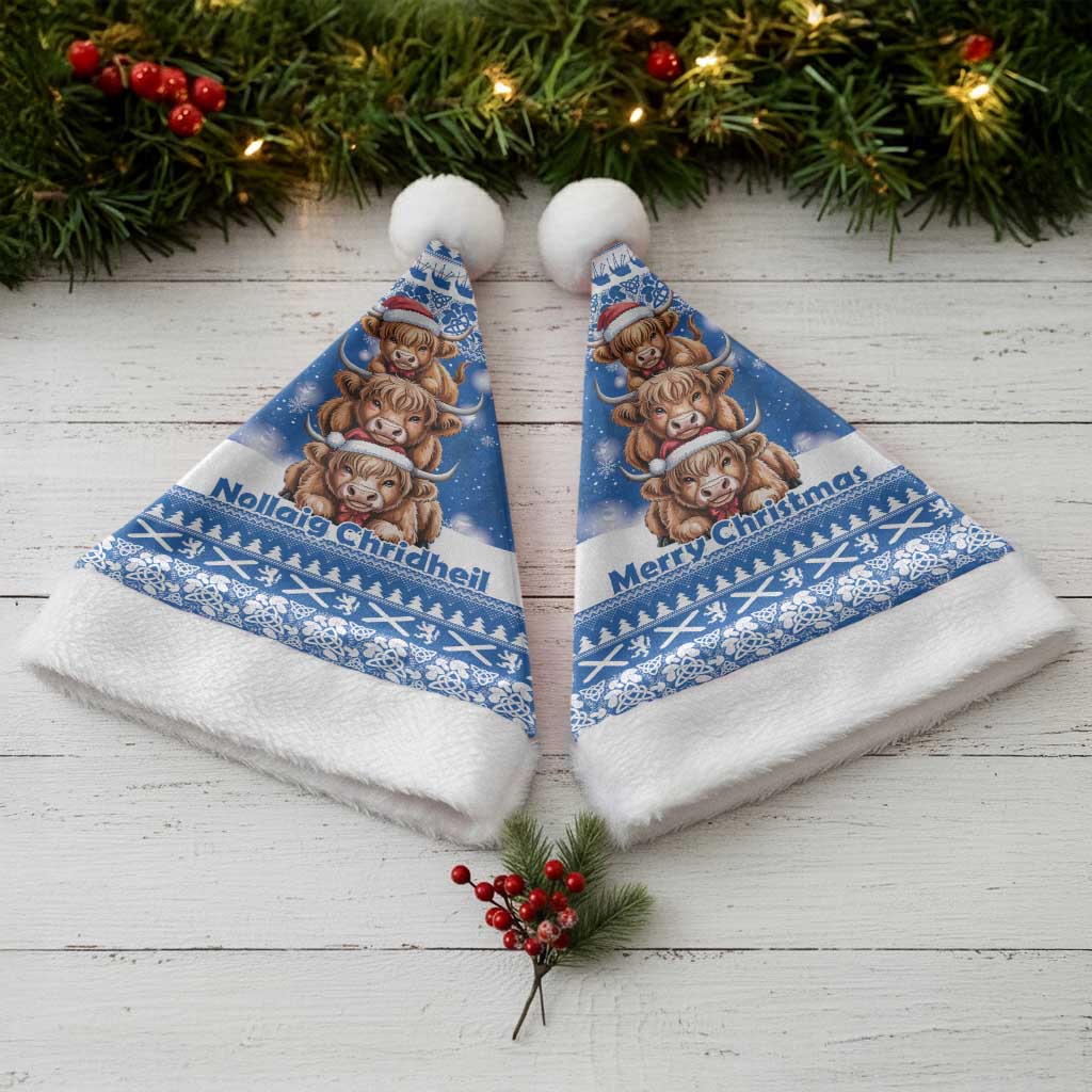 Scotland Highland Cow Christmas Santa Hat Nollaig Chridheil Blue Winter - Wonder Print Shop