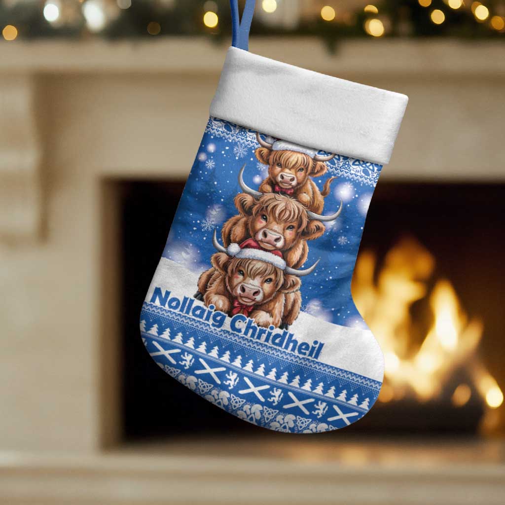 Scotland Highland Cow Christmas Stocking Nollaig Chridheil Blue Winter - Wonder Print Shop