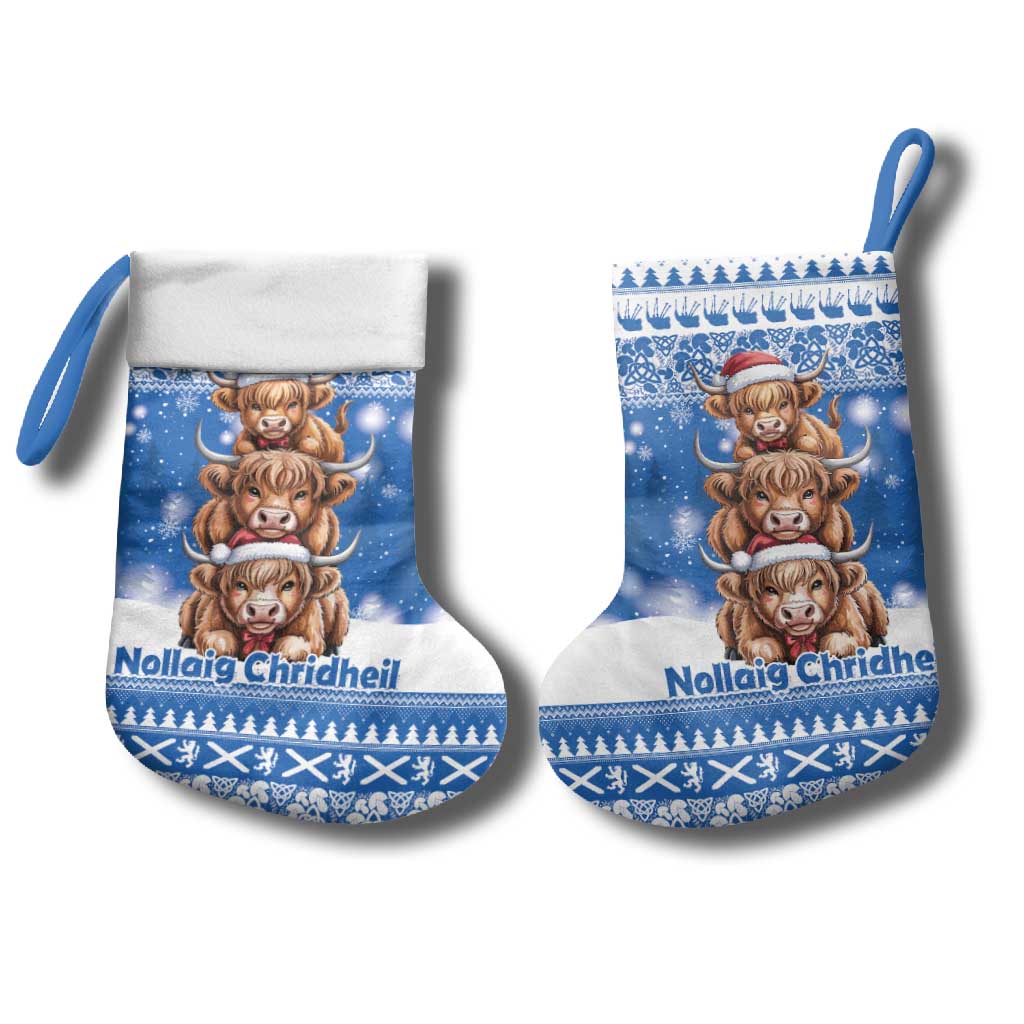 Scotland Highland Cow Christmas Stocking Nollaig Chridheil Blue Winter - Wonder Print Shop