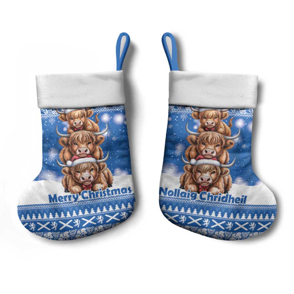 Scotland Highland Cow Christmas Stocking Nollaig Chridheil Blue Winter - Wonder Print Shop