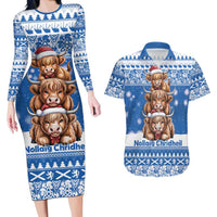 Scotland Highland Cow Christmas Couples Matching Long Sleeve Bodycon Dress and Hawaiian Shirt Nollaig Chridheil Blue Winter - Wonder Print Shop