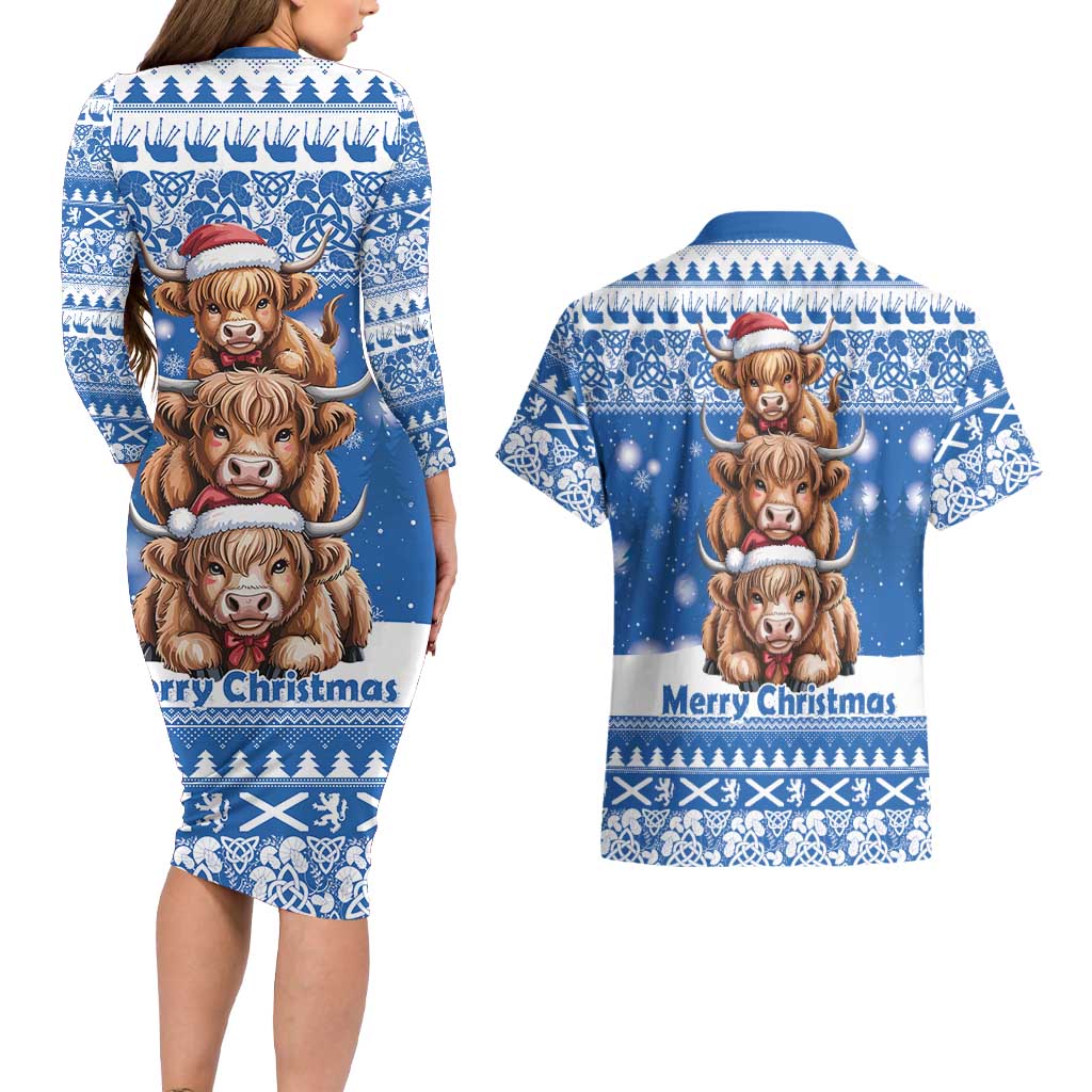 Scotland Highland Cow Christmas Couples Matching Long Sleeve Bodycon Dress and Hawaiian Shirt Nollaig Chridheil Blue Winter - Wonder Print Shop