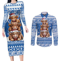 Scotland Highland Cow Christmas Couples Matching Long Sleeve Bodycon Dress and Long Sleeve Button Shirt Nollaig Chridheil Blue Winter - Wonder Print Shop
