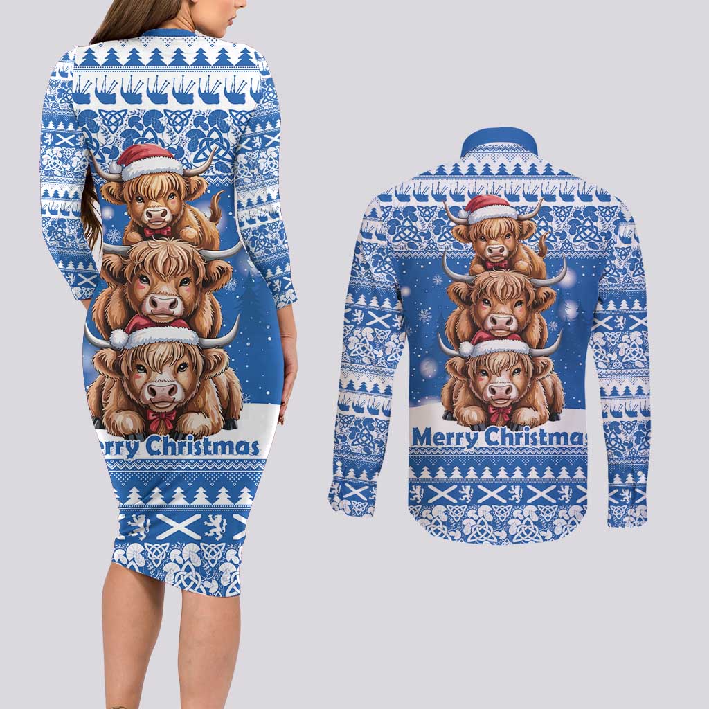 Scotland Highland Cow Christmas Couples Matching Long Sleeve Bodycon Dress and Long Sleeve Button Shirt Nollaig Chridheil Blue Winter - Wonder Print Shop