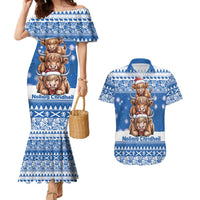 Scotland Highland Cow Christmas Couples Matching Mermaid Dress and Hawaiian Shirt Nollaig Chridheil Blue Winter - Wonder Print Shop
