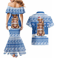 Scotland Highland Cow Christmas Couples Matching Mermaid Dress and Hawaiian Shirt Nollaig Chridheil Blue Winter - Wonder Print Shop