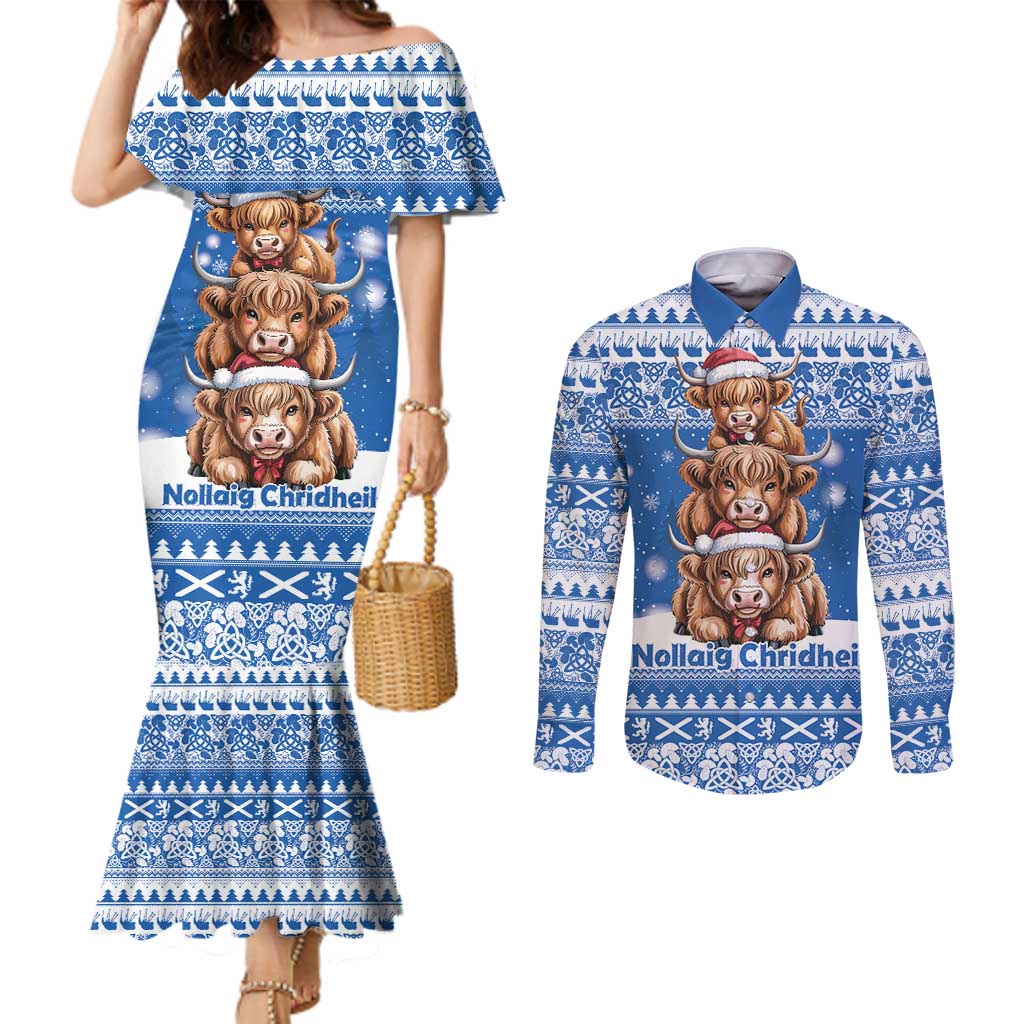 Scotland Highland Cow Christmas Couples Matching Mermaid Dress and Long Sleeve Button Shirt Nollaig Chridheil Blue Winter - Wonder Print Shop