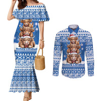 Scotland Highland Cow Christmas Couples Matching Mermaid Dress and Long Sleeve Button Shirt Nollaig Chridheil Blue Winter - Wonder Print Shop