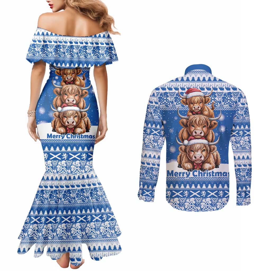 Scotland Highland Cow Christmas Couples Matching Mermaid Dress and Long Sleeve Button Shirt Nollaig Chridheil Blue Winter - Wonder Print Shop