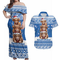 Scotland Highland Cow Christmas Couples Matching Off Shoulder Maxi Dress and Hawaiian Shirt Nollaig Chridheil Blue Winter - Wonder Print Shop