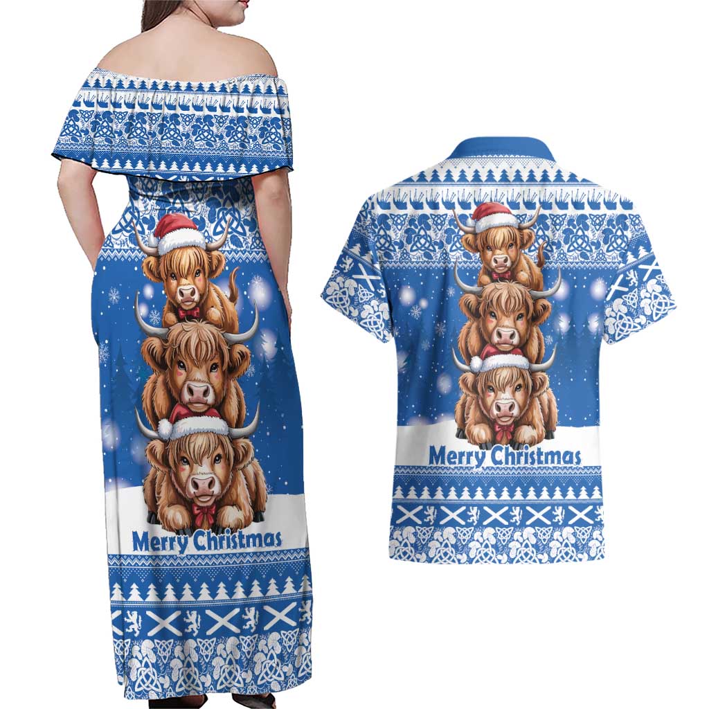 Scotland Highland Cow Christmas Couples Matching Off Shoulder Maxi Dress and Hawaiian Shirt Nollaig Chridheil Blue Winter - Wonder Print Shop