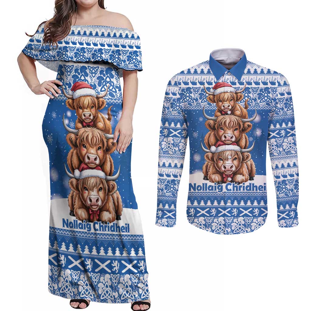 Scotland Highland Cow Christmas Couples Matching Off Shoulder Maxi Dress and Long Sleeve Button Shirt Nollaig Chridheil Blue Winter - Wonder Print Shop