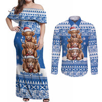 Scotland Highland Cow Christmas Couples Matching Off Shoulder Maxi Dress and Long Sleeve Button Shirt Nollaig Chridheil Blue Winter - Wonder Print Shop