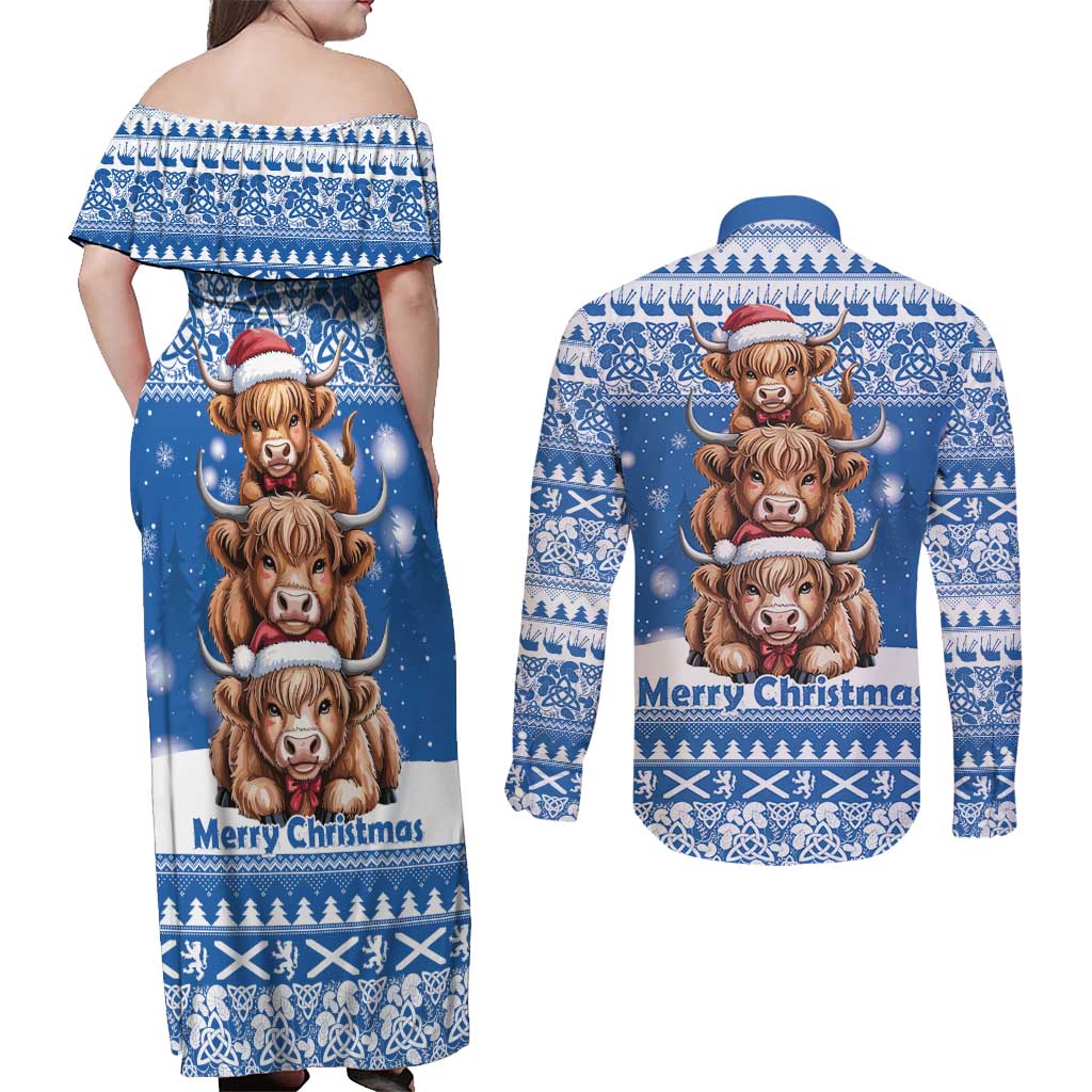 Scotland Highland Cow Christmas Couples Matching Off Shoulder Maxi Dress and Long Sleeve Button Shirt Nollaig Chridheil Blue Winter - Wonder Print Shop