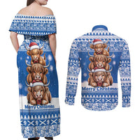 Scotland Highland Cow Christmas Couples Matching Off Shoulder Maxi Dress and Long Sleeve Button Shirt Nollaig Chridheil Blue Winter - Wonder Print Shop