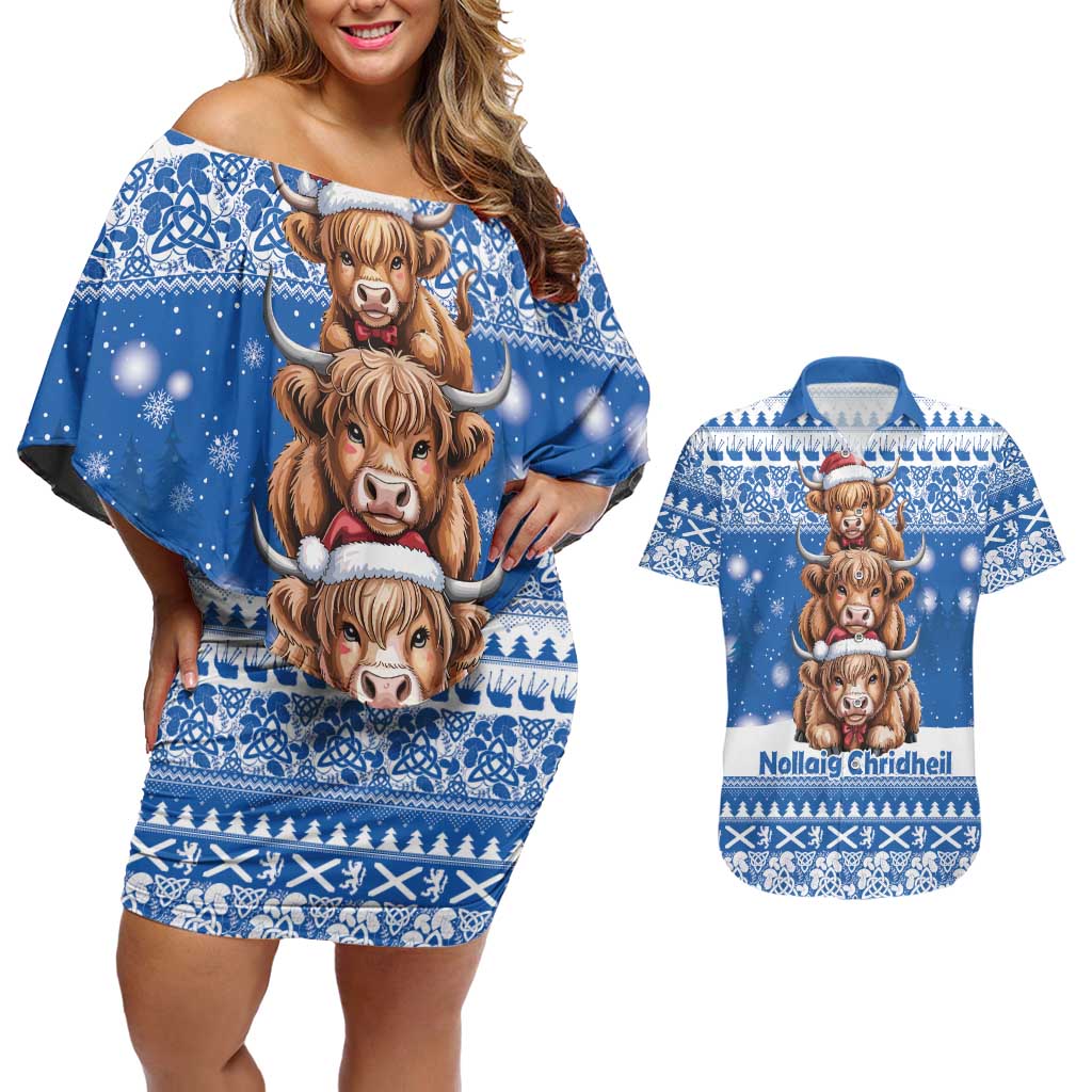 Scotland Highland Cow Christmas Couples Matching Off Shoulder Short Dress and Hawaiian Shirt Nollaig Chridheil Blue Winter - Wonder Print Shop