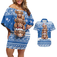 Scotland Highland Cow Christmas Couples Matching Off Shoulder Short Dress and Hawaiian Shirt Nollaig Chridheil Blue Winter - Wonder Print Shop