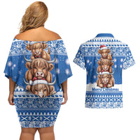 Scotland Highland Cow Christmas Couples Matching Off Shoulder Short Dress and Hawaiian Shirt Nollaig Chridheil Blue Winter - Wonder Print Shop