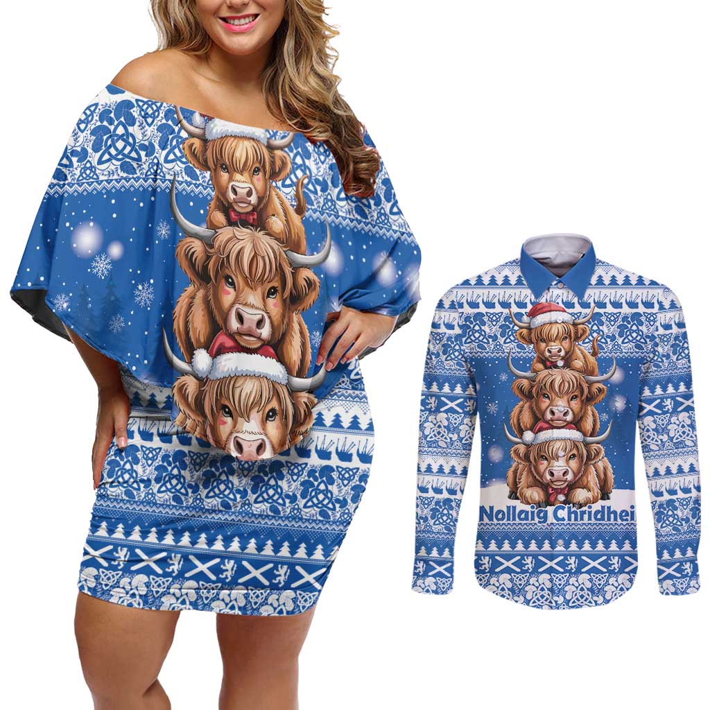 Scotland Highland Cow Christmas Couples Matching Off Shoulder Short Dress and Long Sleeve Button Shirt Nollaig Chridheil Blue Winter - Wonder Print Shop