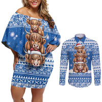 Scotland Highland Cow Christmas Couples Matching Off Shoulder Short Dress and Long Sleeve Button Shirt Nollaig Chridheil Blue Winter - Wonder Print Shop