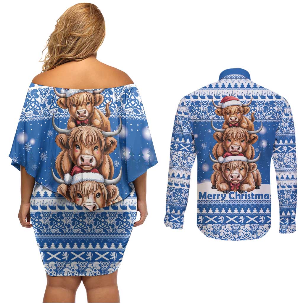 Scotland Highland Cow Christmas Couples Matching Off Shoulder Short Dress and Long Sleeve Button Shirt Nollaig Chridheil Blue Winter - Wonder Print Shop