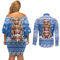 Scotland Highland Cow Christmas Couples Matching Off Shoulder Short Dress and Long Sleeve Button Shirt Nollaig Chridheil Blue Winter - Wonder Print Shop