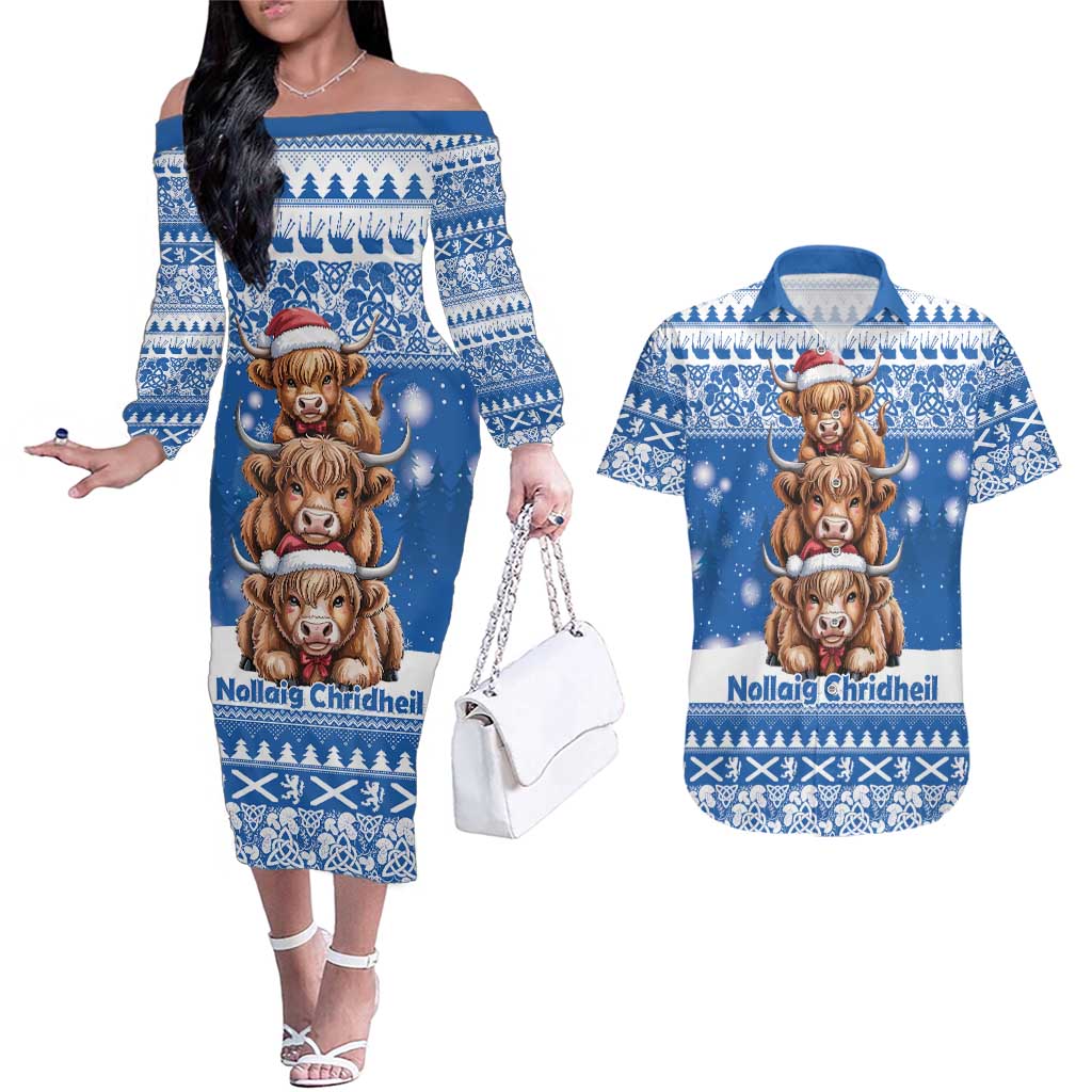 Scotland Highland Cow Christmas Couples Matching Off The Shoulder Long Sleeve Dress and Hawaiian Shirt Nollaig Chridheil Blue Winter - Wonder Print Shop