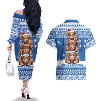 Scotland Highland Cow Christmas Couples Matching Off The Shoulder Long Sleeve Dress and Hawaiian Shirt Nollaig Chridheil Blue Winter - Wonder Print Shop