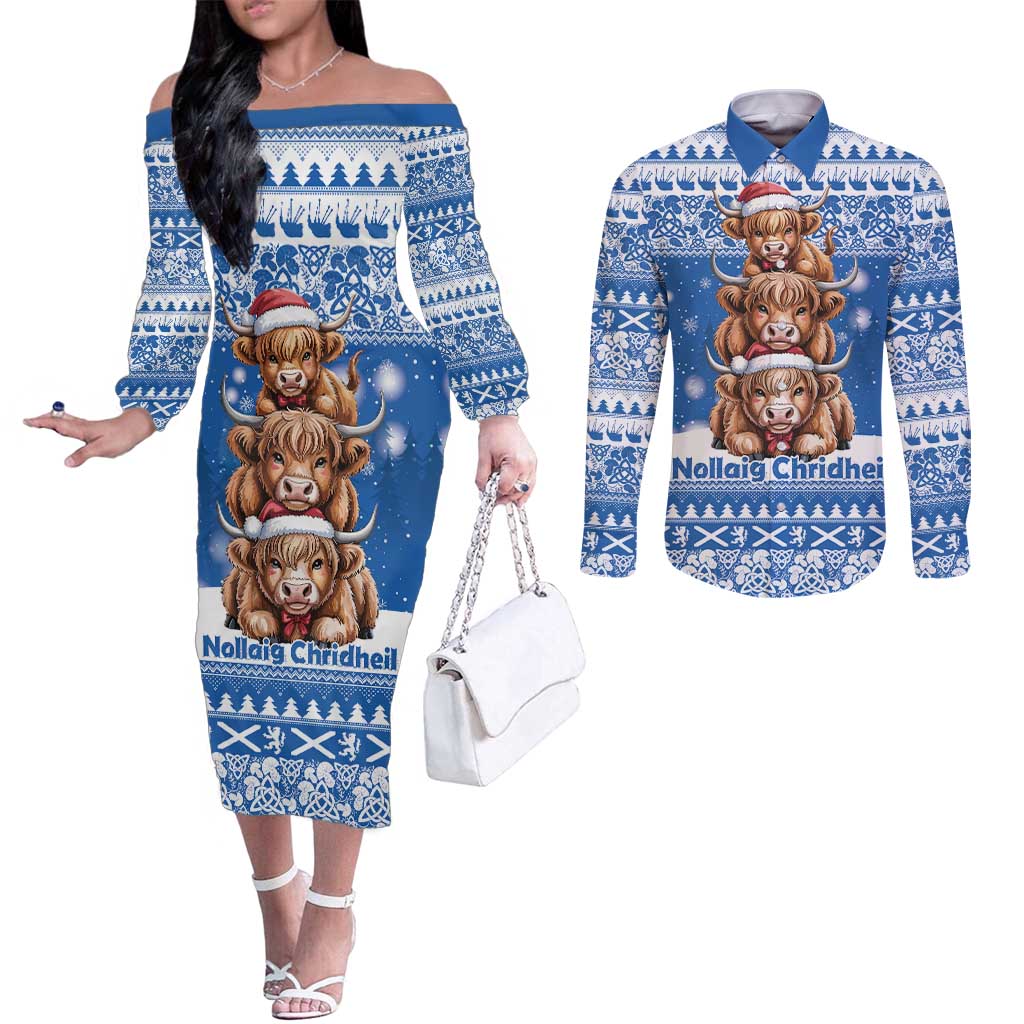 Scotland Highland Cow Christmas Couples Matching Off The Shoulder Long Sleeve Dress and Long Sleeve Button Shirt Nollaig Chridheil Blue Winter - Wonder Print Shop